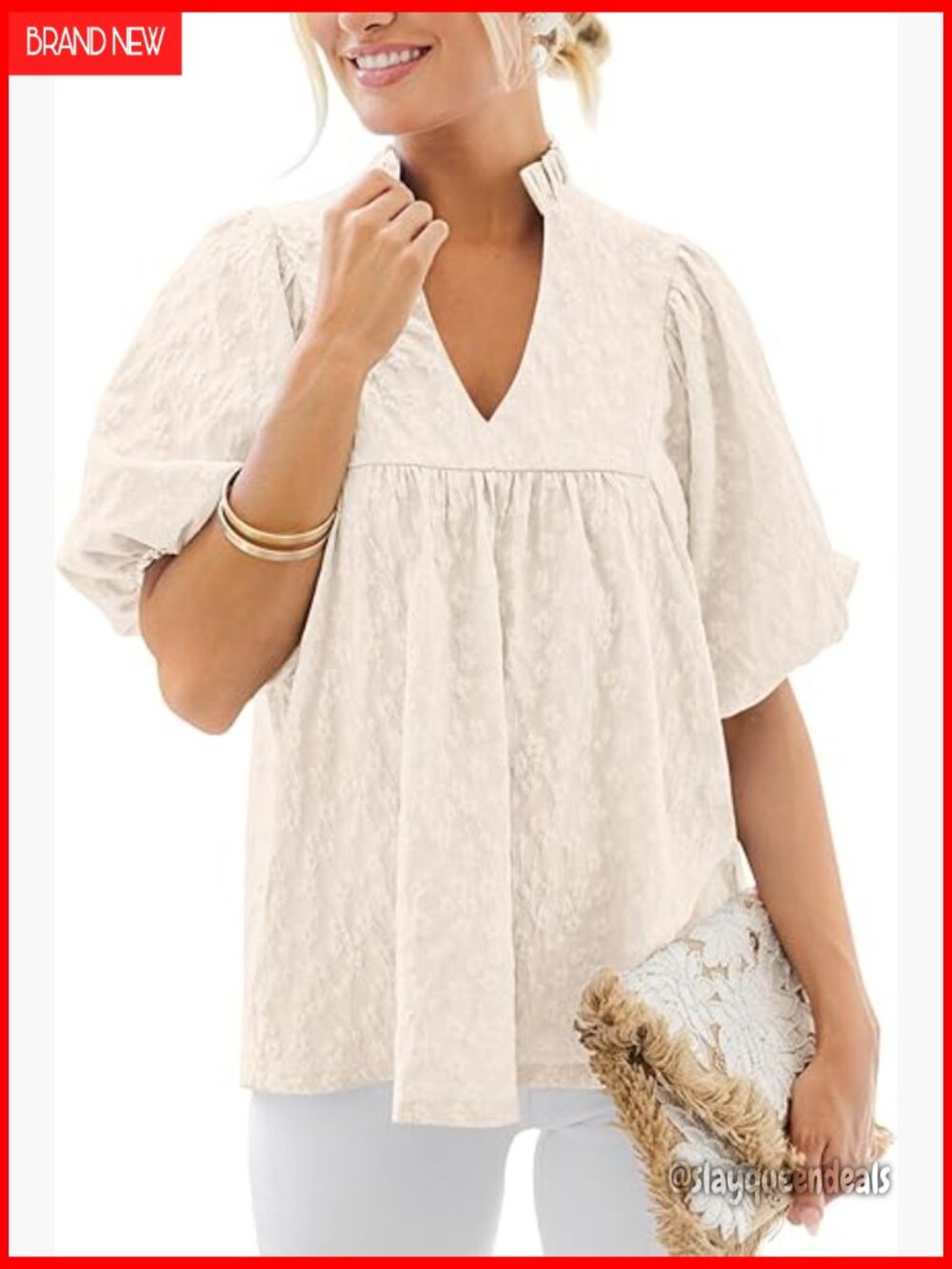 Ruffle V Neck Puff Sleeve Babydoll Blouse Dressy Casual Tunic